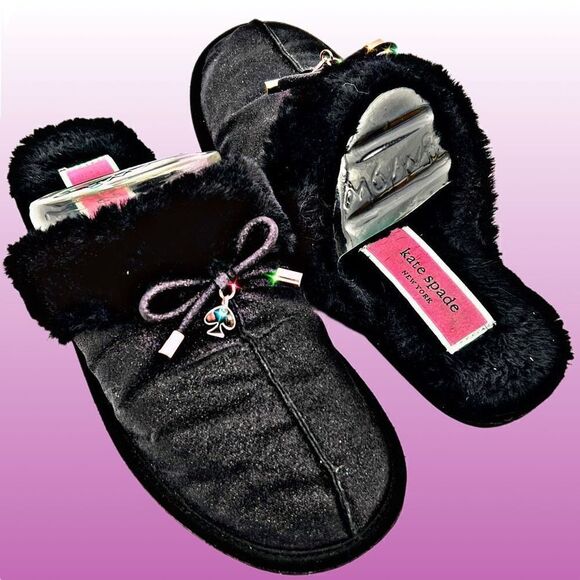 Kate Spade NY Lacey Faux Fur Black Slippers Lightweight Flat Designer Fuzzy - Picture 1 of 7